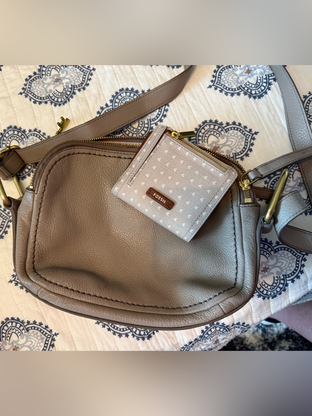 Fossil Taupe Leather Crossbody with Key Charm and Wallet
